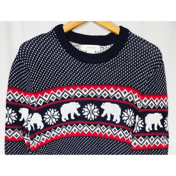 Aspen Men's Fair Isle Polar Bear Christmas Sweater Navy Blue White Small - Picture 3 of 8